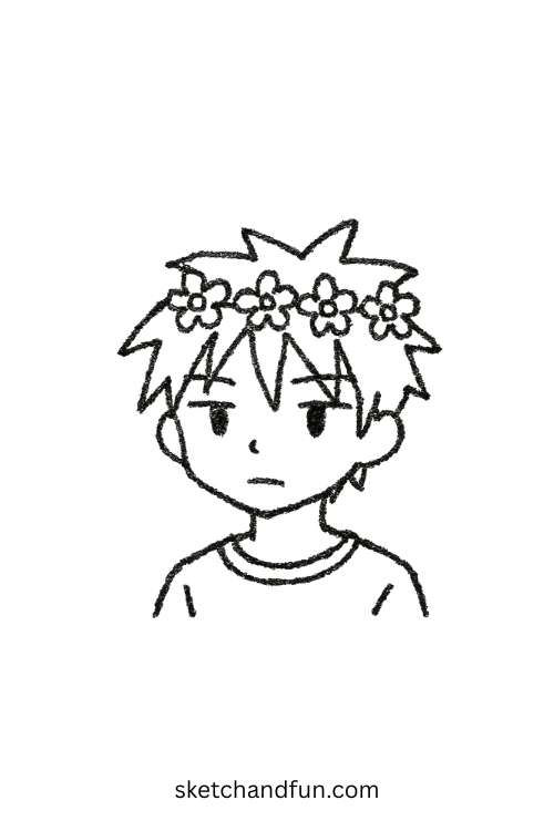 Chibi anime boy wearing a flower crown smiling softly, ideal for anime boy with flower crown art reference.