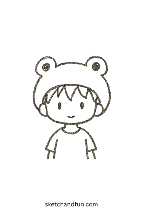 Chibi anime boy wearing a frog-themed hat smiling softly, perfect for anime boy with froggy hat art.