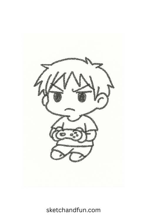 Chibi anime boy playing video games with focused expression, beginner-friendly anime boy sketch inspiration.