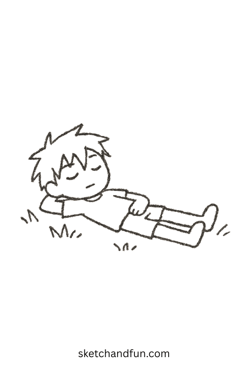 Chibi anime boy laying on grass watching clouds, perfect for anime boy peaceful scene illustration.