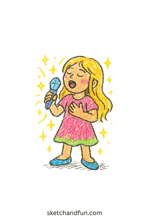 K-pop girl singing into crystal mic with magical sparkles, gentle idol healer character