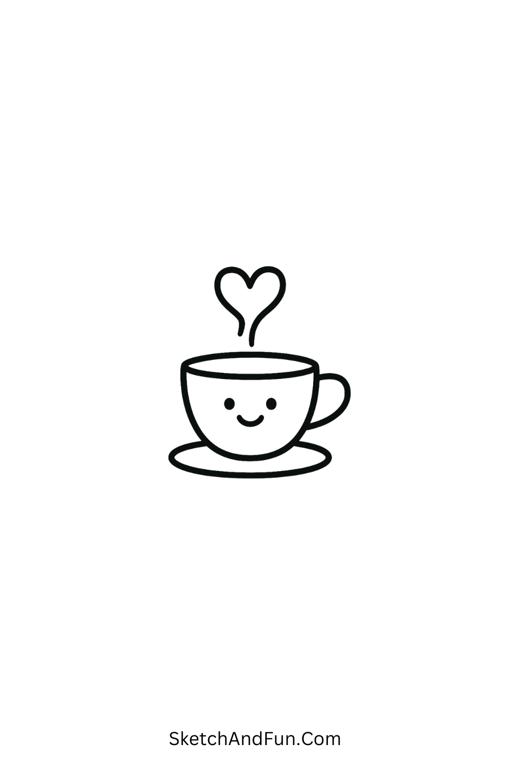 Cute minimal doodle of a happy teacup with steam forming a heart, relaxing kawaii cartoon design.