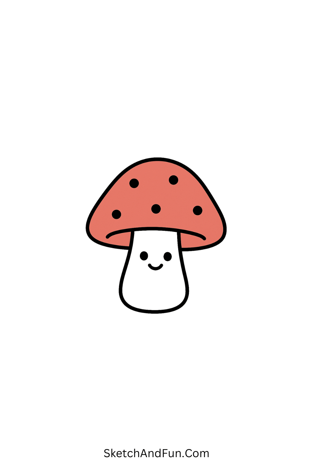 Adorable cartoon doodle of a happy mushroom with a red cap and white spots, minimal kawaii art.