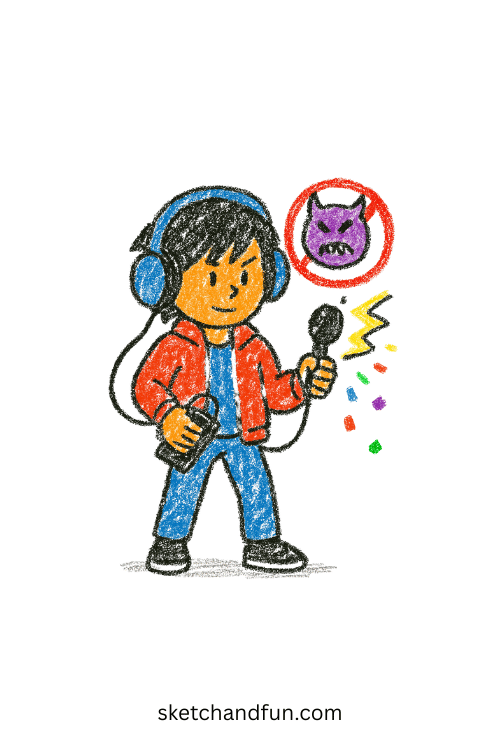 K-pop teen hunter trapping demons with bass-boosted beats โ music-powered idol sketch.