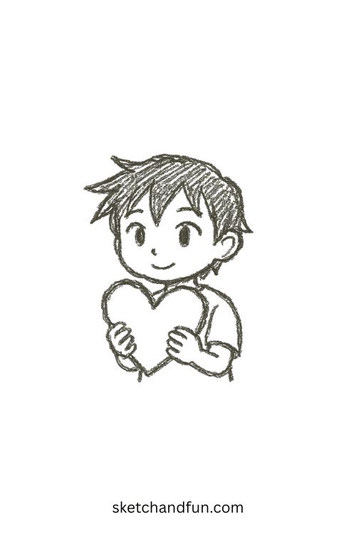 Cute anime boy holding a giant red heart, perfect for anime boy holding heart drawing ideas.