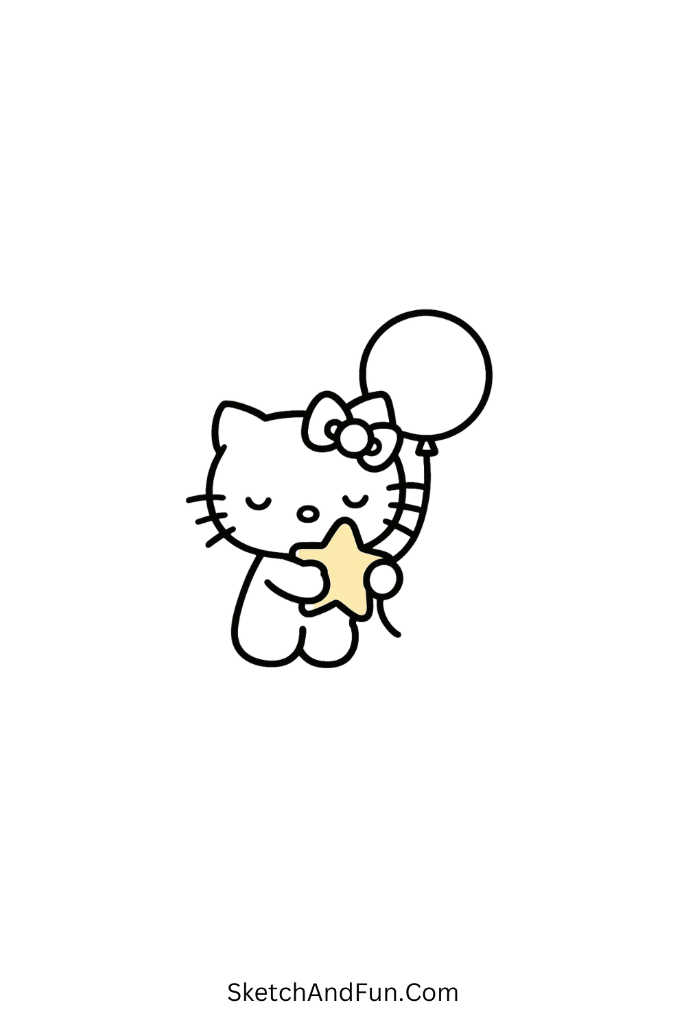 Cute Hello Kitty floating with a single balloon – soft cartoon style drawing for children