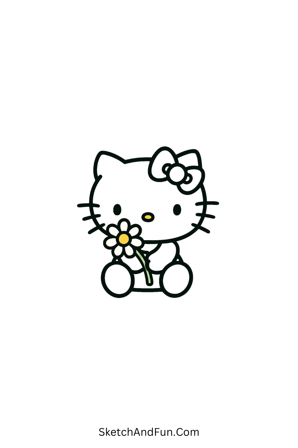 Minimal Hello Kitty holding a daisy – floral kawaii Hello Kitty drawing for kids