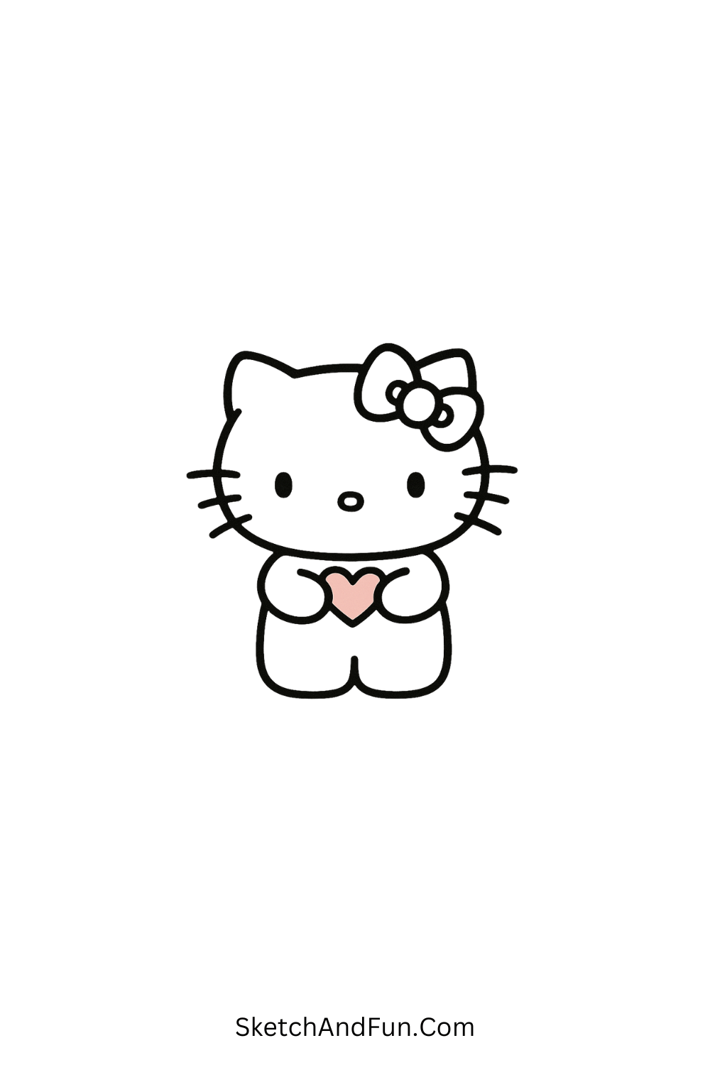 Cute Hello Kitty holding a soft pink heart – adorable cartoon drawing for kids and beginners
