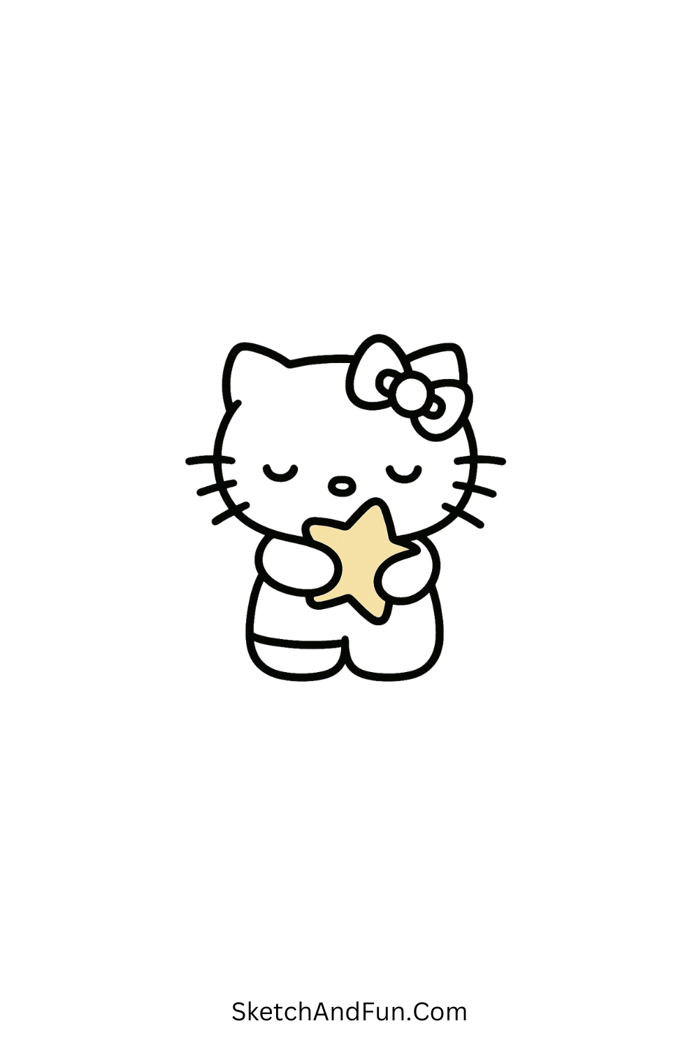Kawaii Hello Kitty hugging pastel star – cute bedtime-themed Hello Kitty drawing idea