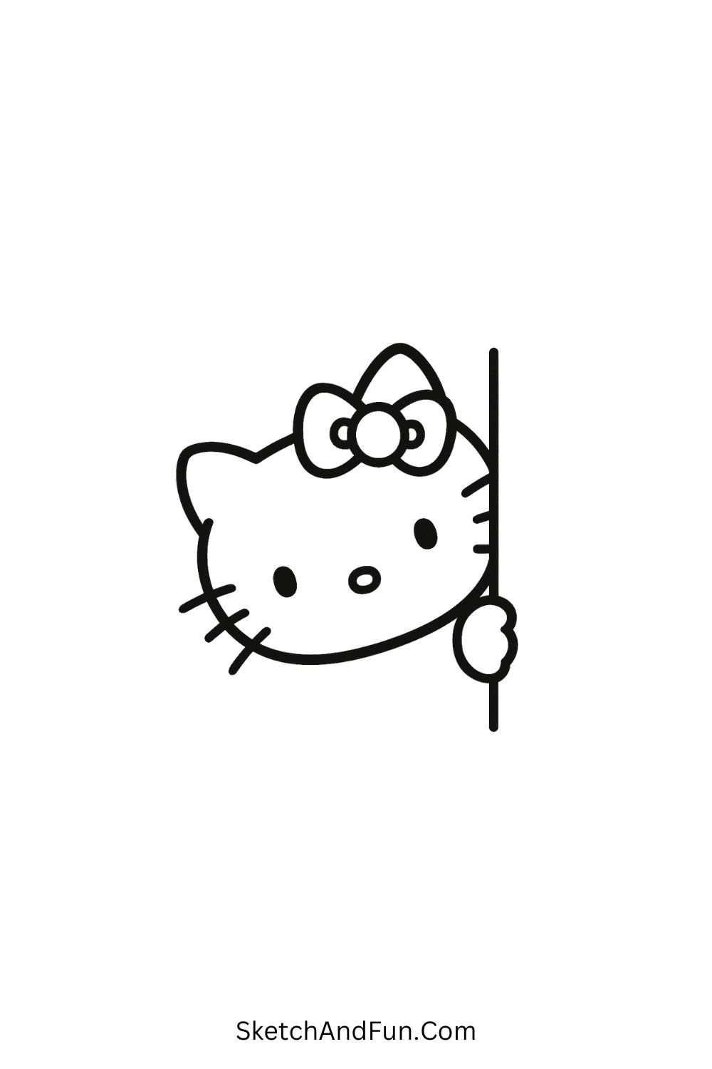 Minimal kawaii Hello Kitty peeking from the corner with bow and ears – easy Hello Kitty sketch for kids