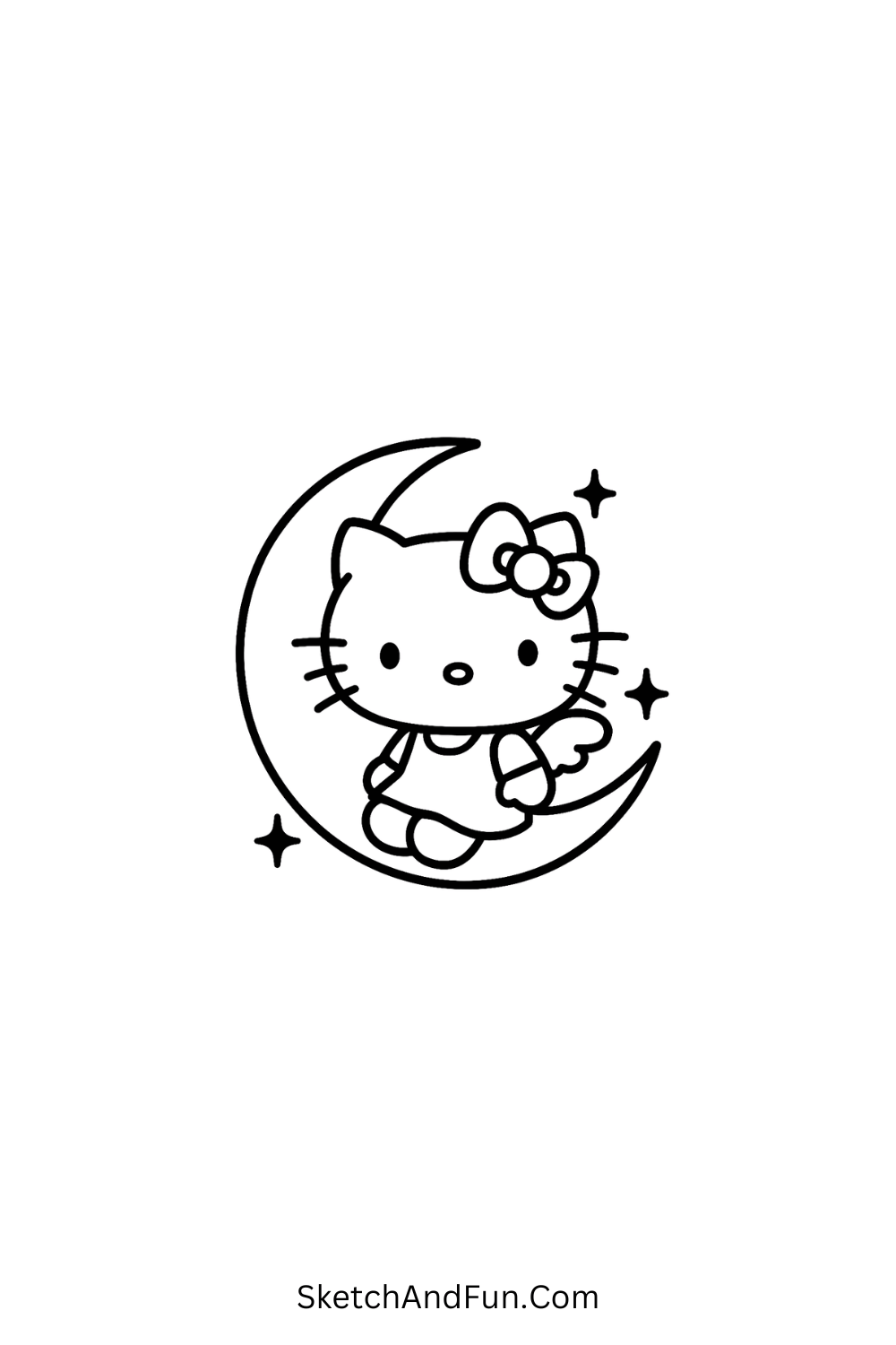 Dreamy Hello Kitty sitting on crescent moon – cute bedtime Hello Kitty drawing with stars