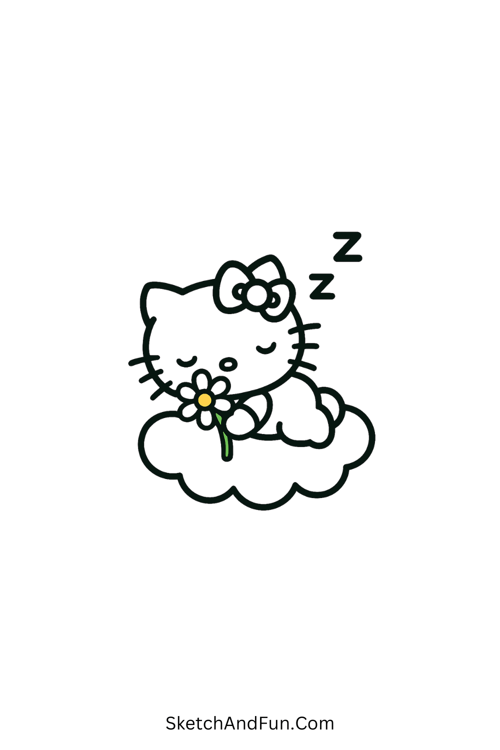 Easy Hello Kitty sleeping on cloud – dreamy and peaceful kawaii sketch for bedtime themes