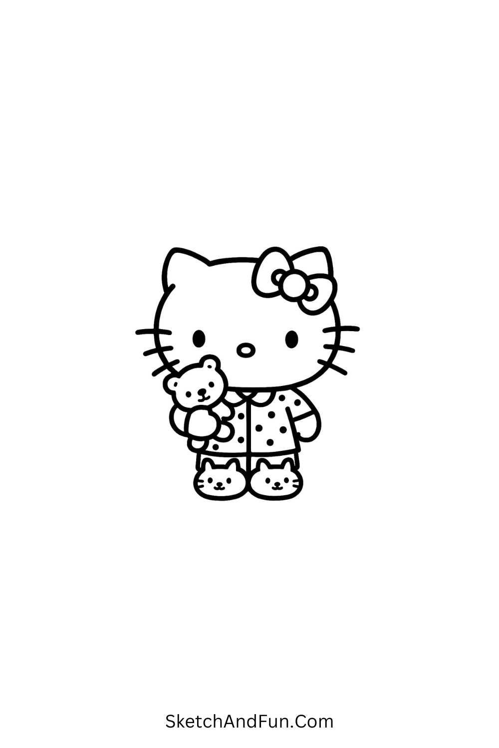 Cozy Hello Kitty in dotted pajamas holding teddy – bedtime-themed kawaii sketch for children