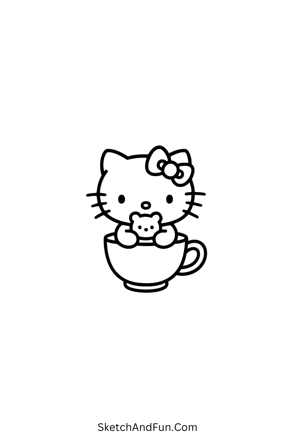 Simple Hello Kitty inside a teacup – minimal and cute Hello Kitty sketch idea
