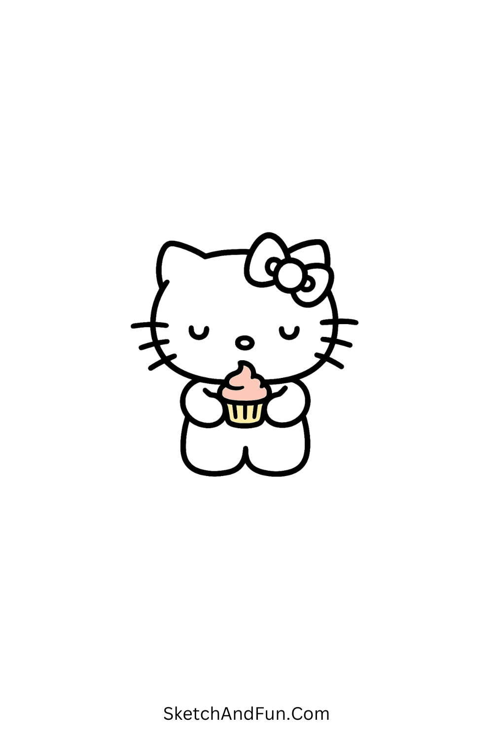 Adorable Hello Kitty with tiny cupcake – sweet and simple Hello Kitty art idea for kids