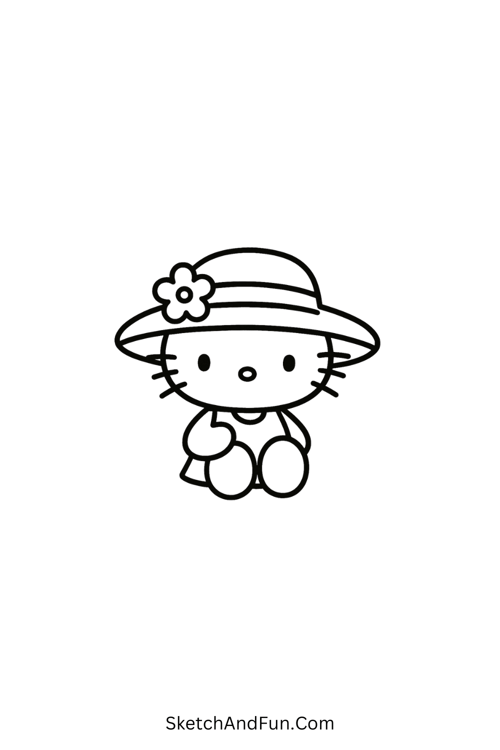 Hello Kitty wearing straw hat with flower – easy summer-themed Hello Kitty sketch for children