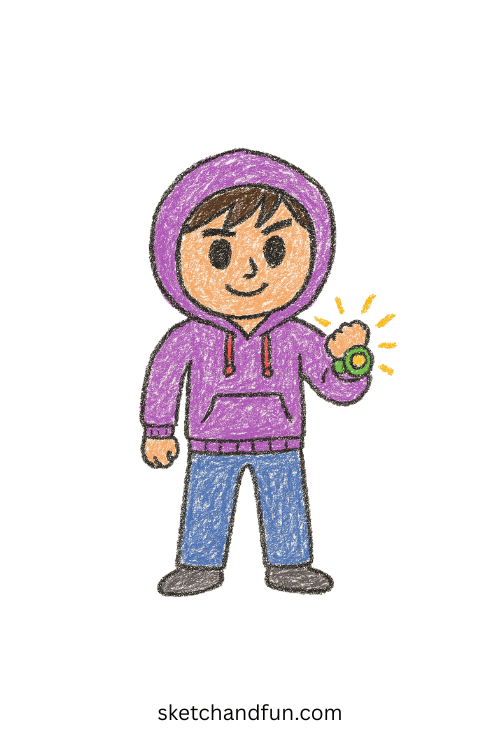 Stylish K-pop idol in hoodie using glowing wristwatch to track demons โ fantasy drawing idea