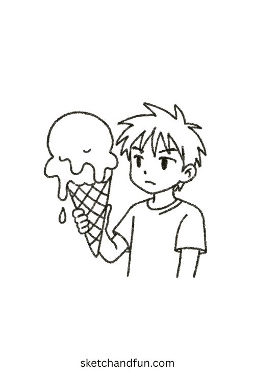 Chibi anime boy holding a giant melting ice cream cone, a cute anime boy drawing for summer themes.