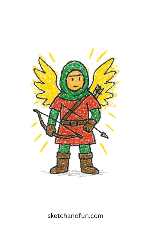 Glowing angel-winged K-pop idol soaring mid-air โ celestial fantasy character drawing.