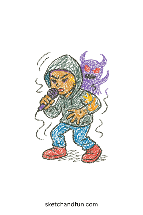 Cool K-pop rapper with hoodie and glowing tattoos, urban fantasy K-pop character art
