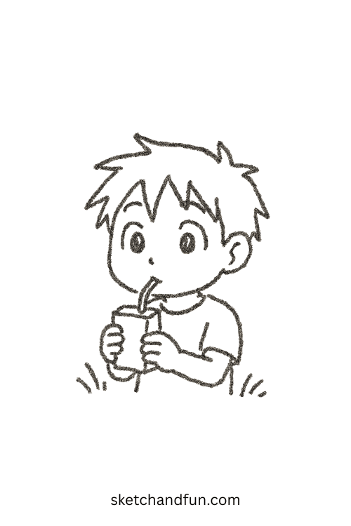 Chibi anime boy sipping juice box with puffed cheeks, a cute chibi boy drinking juice drawing idea.