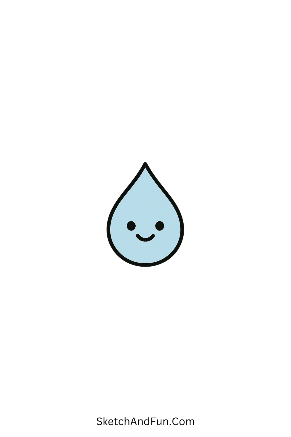 Easy cartoon doodle of a single blue water droplet with a smiling face, adorable minimal design.