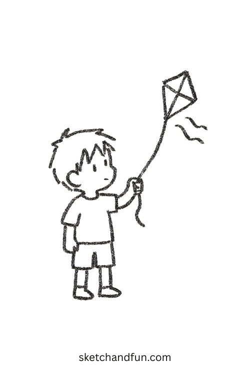 Chibi anime boy holding kite string as it flies high, great for anime boy picnic scene drawing inspiration.