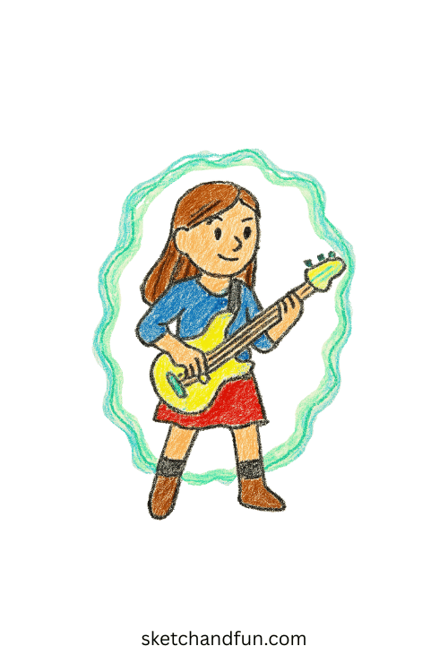 Strong K-pop bassist creating energy barriers with glowing guitar, fantasy idol warrior