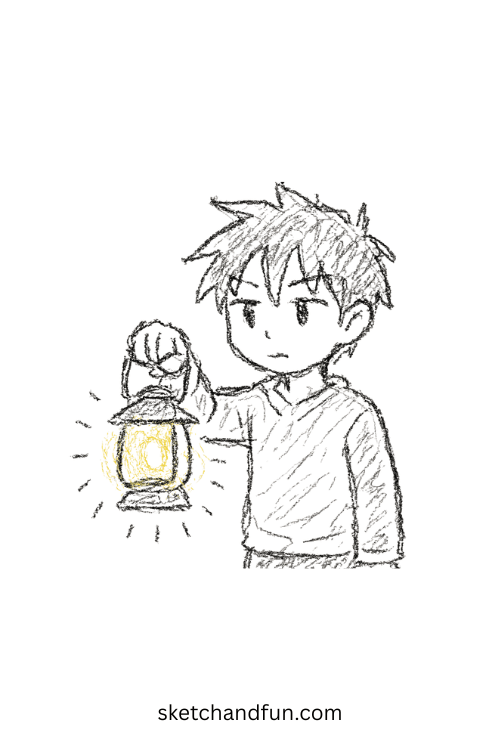Chibi anime boy holding a glowing lantern exploring the dark, perfect for anime boy with lantern art ideas.