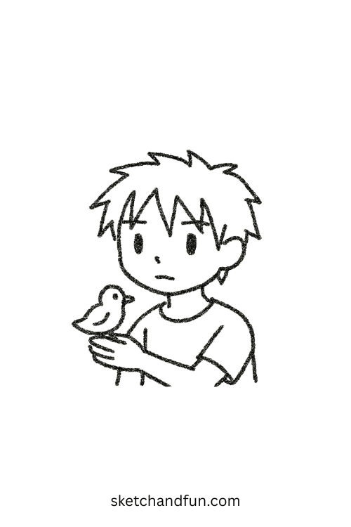 Chibi anime boy smiling softly at a bird on his finger, ideal for anime boy with bird sketch inspiration.