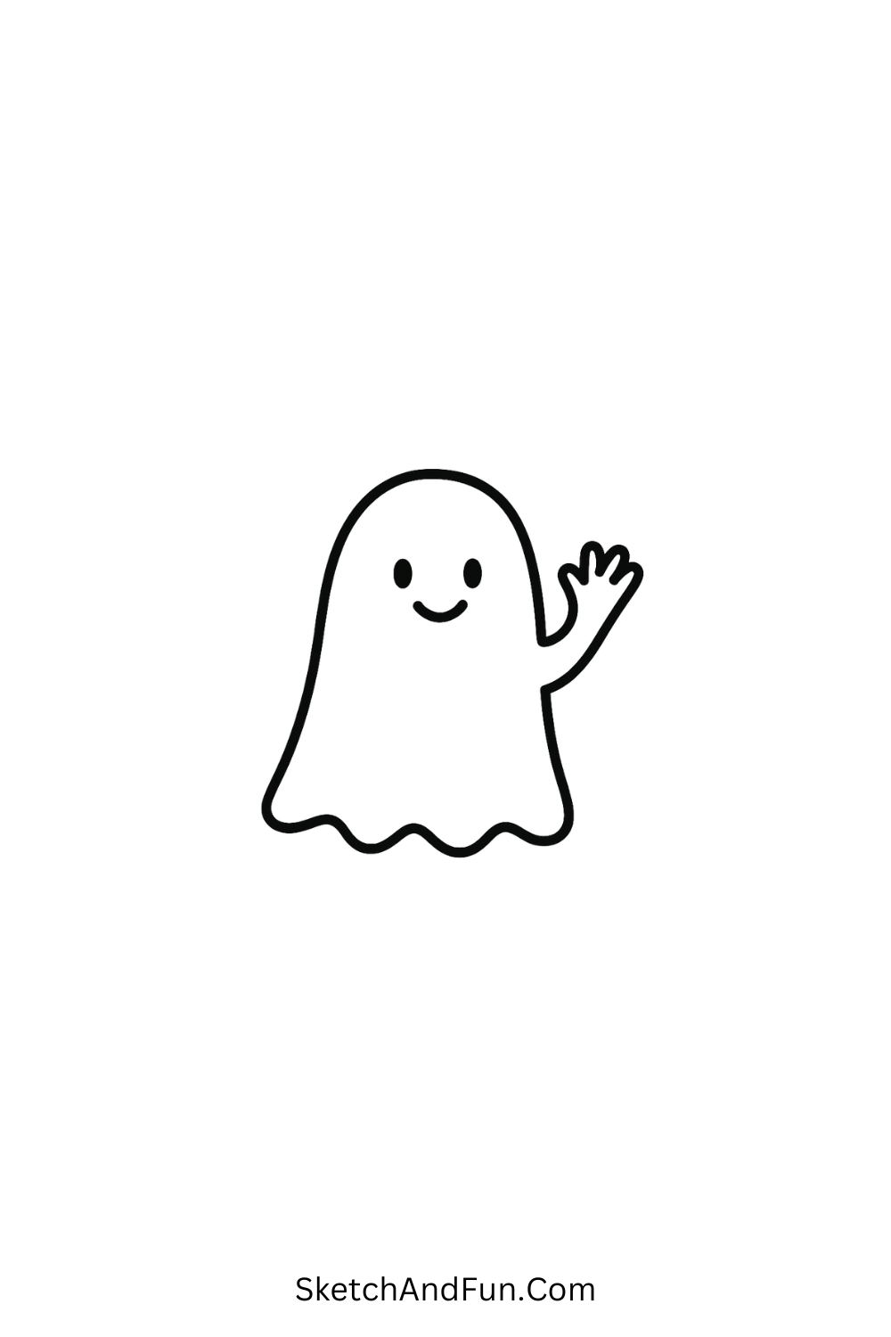 Cute kawaii doodle of a little ghost with blush and a waving hand, simple Halloween cartoon idea.