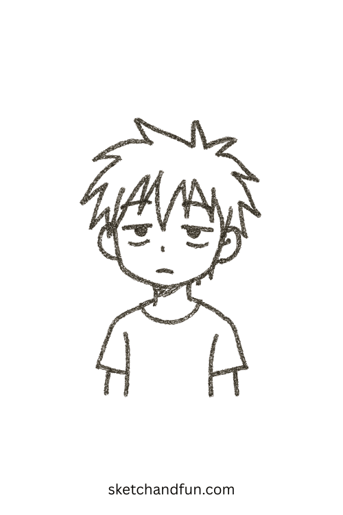 Anime boy with spiky messy hair and sleepy eyes, ideal for sketching anime male expressions.