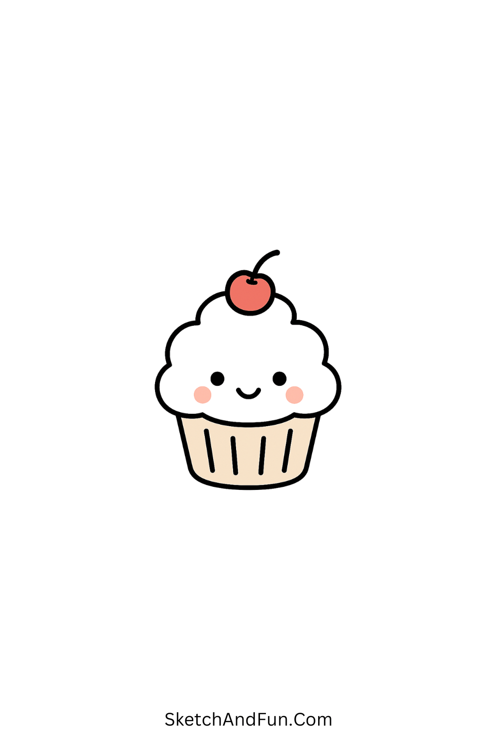 Kawaii cartoon doodle of a mini cupcake topped with a cherry and happy face, cute dessert doodle idea.
