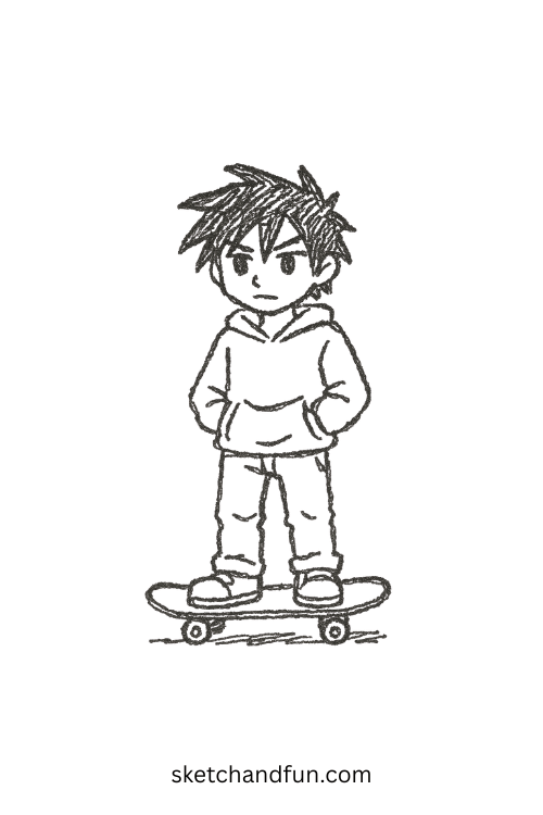 Chibi anime boy on a skateboard with hands in pockets, perfect for full-body anime boy sketch ideas.