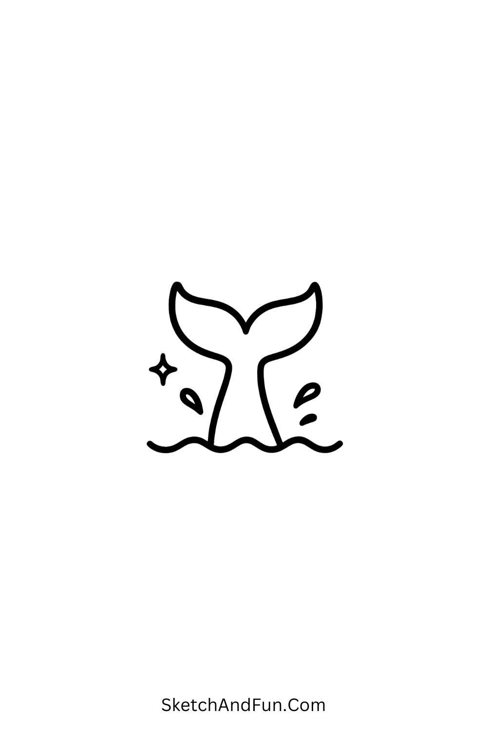 Simple cartoon doodle of a whale tail splashing out of water, minimal ocean-themed kawaii art.