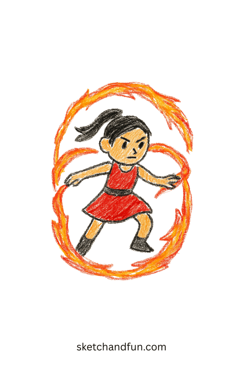 Fiery K-pop dancer spinning with flame ribbons in battle stance, magical girl K-pop art