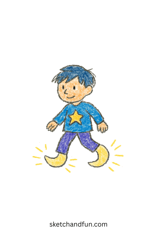 Dreamy K-pop boy creating glowing steps with moon boots โ elegant idol hunter design