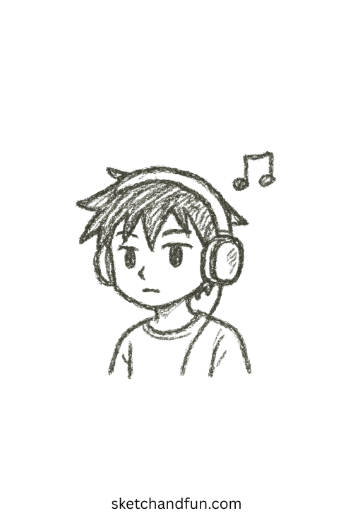 Chibi anime boy listening to music with oversized headphones, a simple anime boy illustration concept.