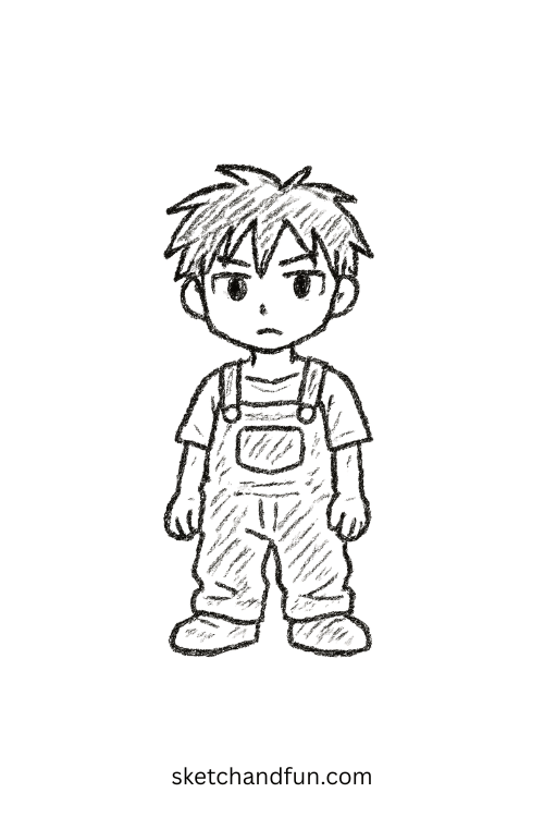 Chibi anime boy in baggy overalls with a sweet smile, a simple anime boy character drawing idea.