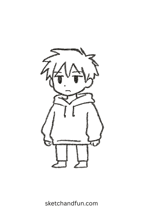 Chibi anime boy drowning in an oversized hoodie with a shy smile, perfect for anime boy in hoodie sketches.