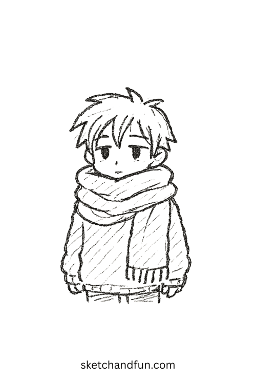 Chibi anime boy wrapped in an oversized scarf with only eyes showing, ideal for anime boy winter drawing ideas.