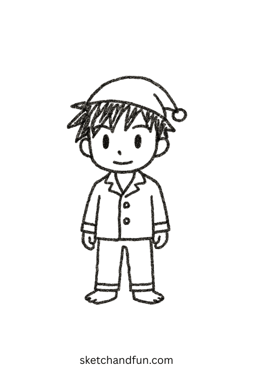 Chibi anime boy in striped pajamas rubbing sleepy eyes, great for anime boy drawing easy cute.
