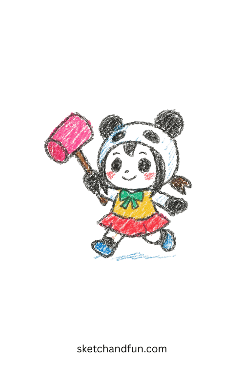 Cute K-pop idol in panda costume with soft hammer โ kawaii demon hunter sketch idea