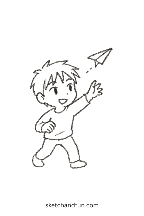 Chibi anime boy tossing a paper airplane with sparkly eyes, a simple anime boy making paper plane idea.