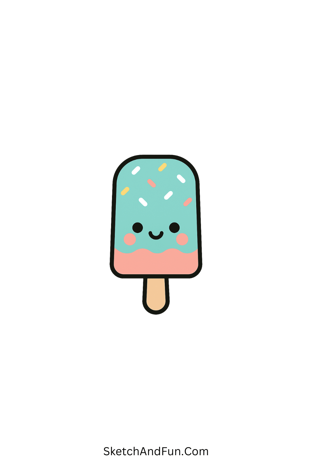 Minimal doodle of a pastel popsicle with sprinkles and a smiling face, cute dessert cartoon art.