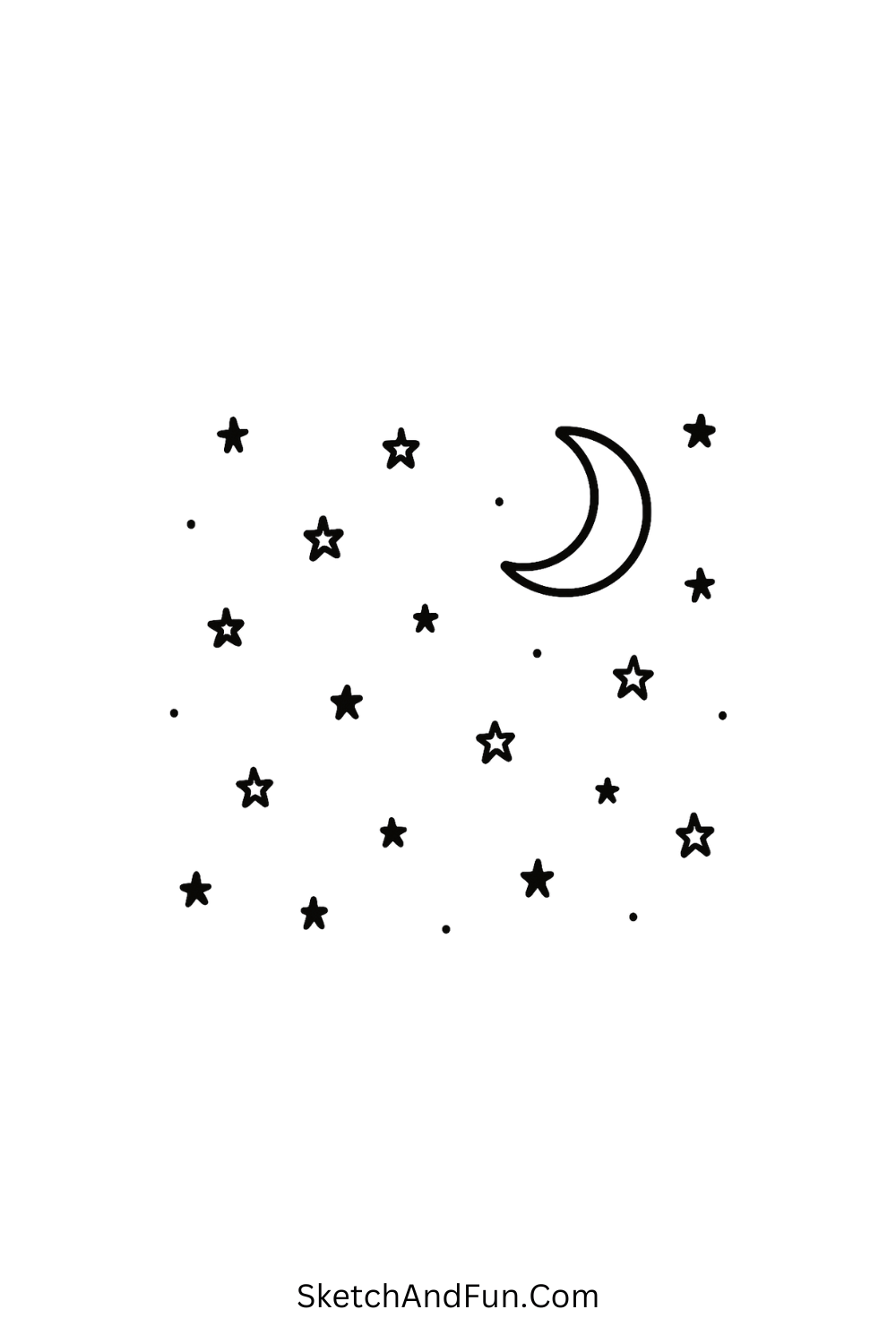 Minimal doodle of pastel stars scattered with a crescent moon, dreamy night sky kawaii art.