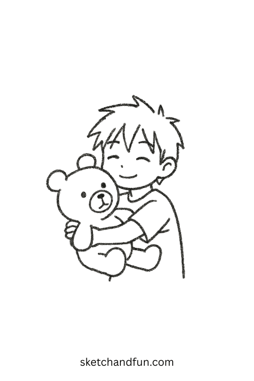 Adorable chibi anime boy hugging a giant teddy bear, a cozy cute anime boy drawing reference.