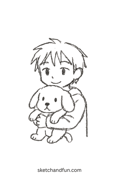 Chibi anime boy hugging a floppy-eared puppy happily, perfect for anime boy and puppy drawing sketches.