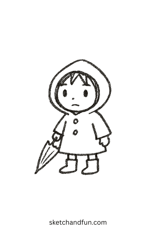 Chibi anime boy wearing raincoat and boots splashing puddles, a fun anime boy in raincoat drawing concept.