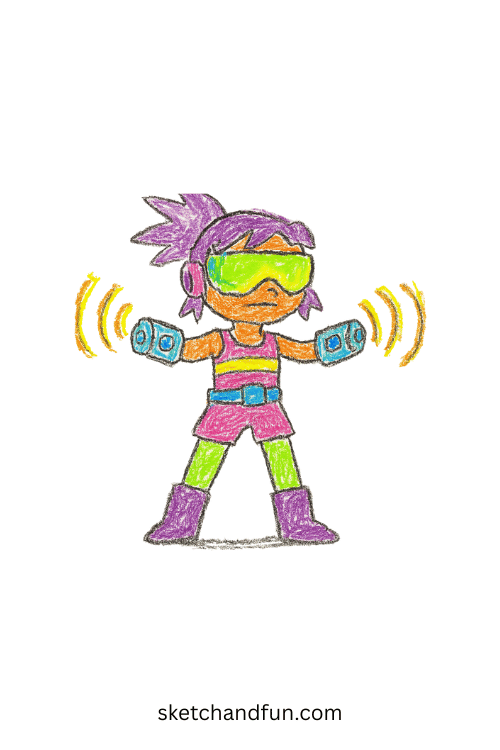 Futuristic K-pop idol with wrist sound blasters and neon visor, high-tech anime design